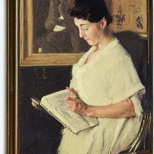 Image similar to woman reading a construction manual by alfred stevens