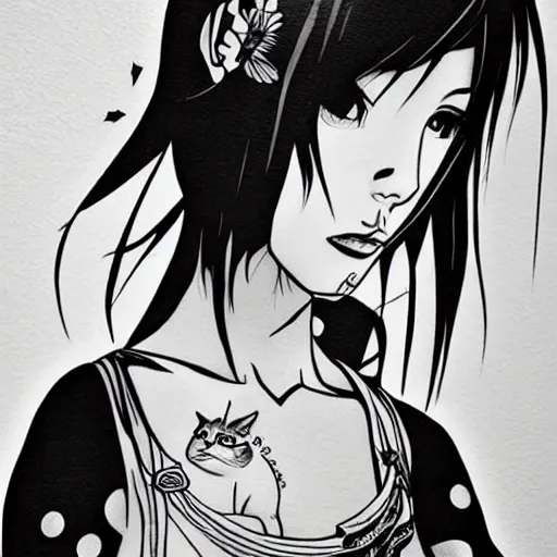 Prompt: tattoo design, stencil, portrait of a post apocalyptic japanese girl, artgerm, cat girl