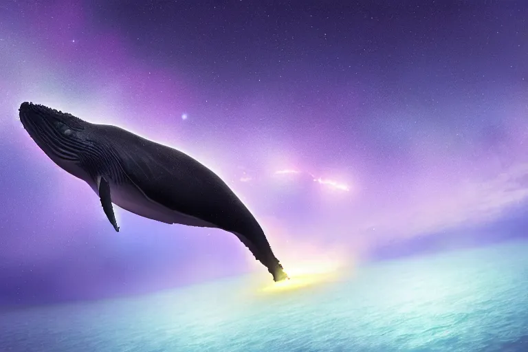 Image similar to a bioluminescent humpback whale swimming through the cosmos, digital art, photorealistic