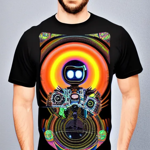 Prompt: mockup of a black tshirt with a hyperdetailed portrait of a trippy steam punk robot, 8 k, symetrical, flourescent colors, happy mood, multicolored,