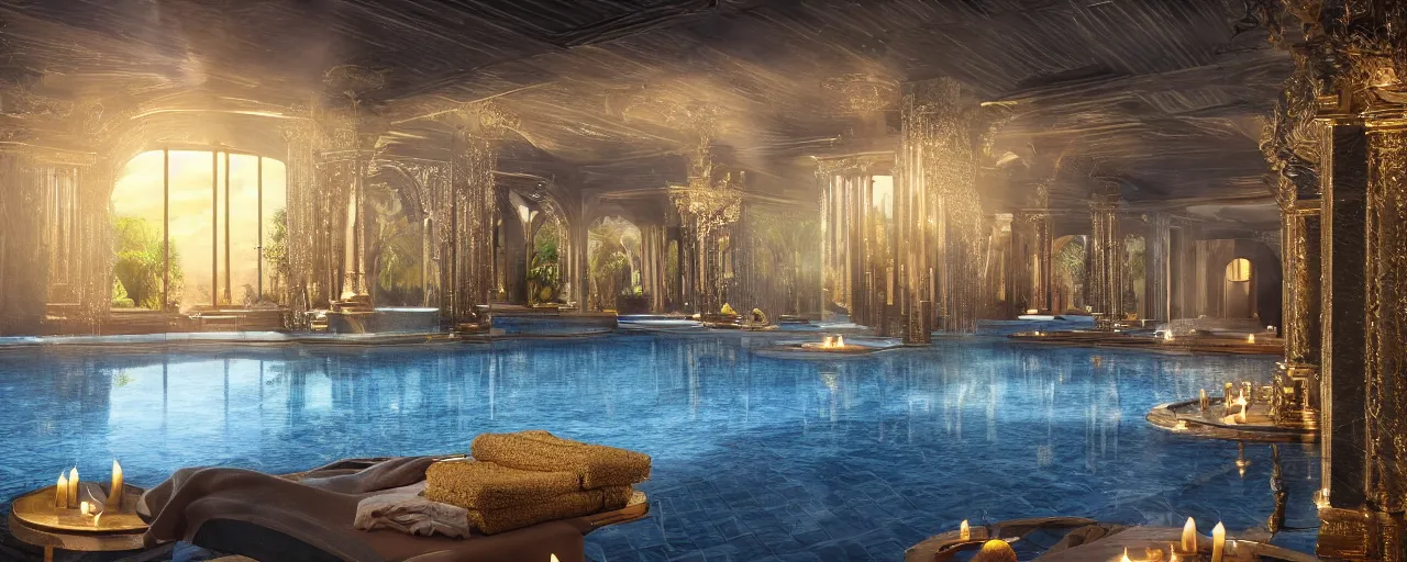 Image similar to surreal hyper luxury spa with intricate golden details with view to arid mountains and palm forest, god rays, light ray beam, candles, ultra detailed, photorealism, sharp focus, volumetric light, global illumination