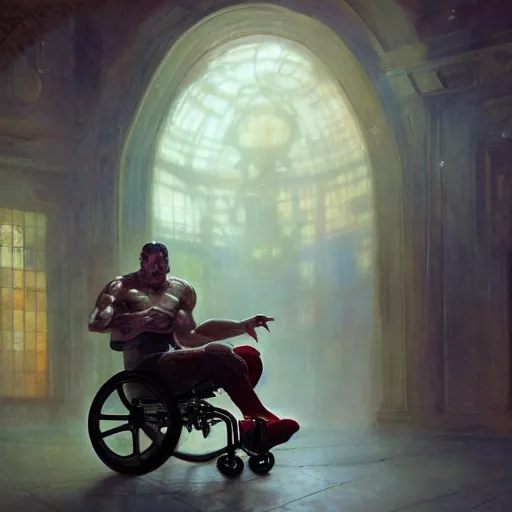 Image similar to handsome portrait of a wheelchair guy fitness posing, radiant light, caustics, war hero, playing wheelchair basketball, by gaston bussiere, bayard wu, greg rutkowski, giger, maxim verehin