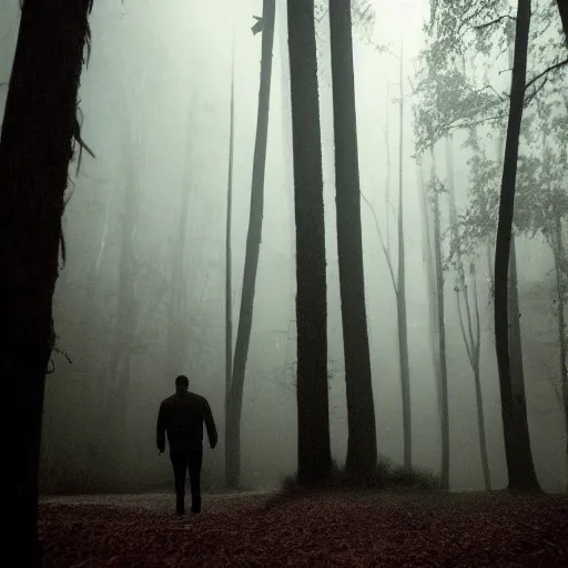 Image similar to Elon Musk walks alone through the woods at night, gloomy, dark, foggy, night, ominous, dark color, atmospheric, cinematic lighting, intricate detail?