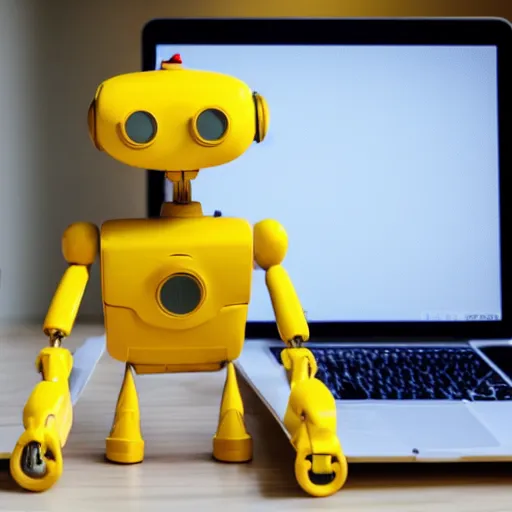 Prompt: a small yellow robot dog standing on a laptop on a desk