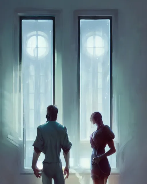 Image similar to a man and a woman standing in front of a window, concept art by david schleinkofer and by stanley artgerm and by ash thorp, cgsociety, space art, concept art, redshift, sci - fi