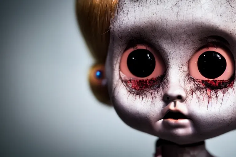 Image similar to a creepy doll with very human eyes staring out at the viewer, horror movie