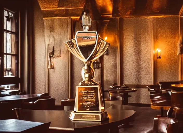 Image similar to a reflective symmetrical polyhedral steel engineering trophy at a high end bar in a medieval themed castle in golden afternoon light, professional food photography