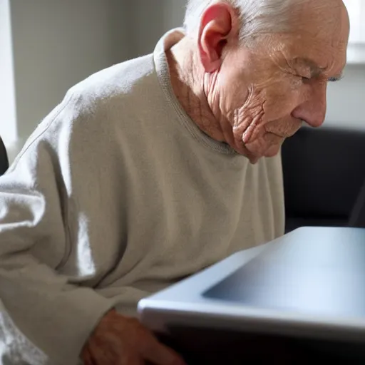 Image similar to elderly man inside a casket browsing internet on laptop from a casket casket