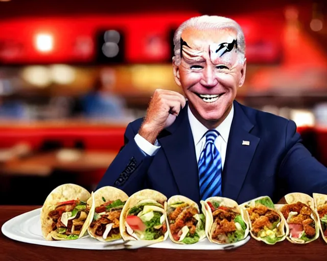 Image similar to a photo of joe biden at applebee's, asian wonton tacos, detailed face, ambient lighting, professional photography, 4 k ultra