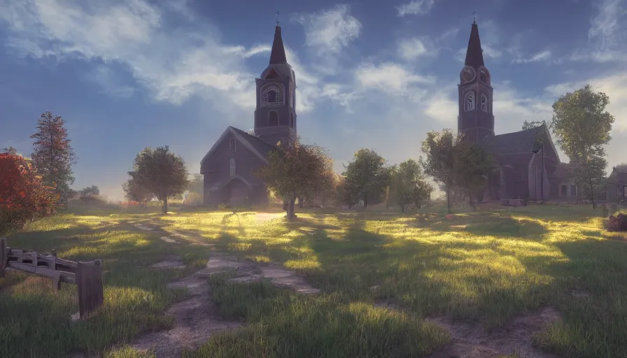 Image similar to midwest town with church, square, trees, sunny day, volumetric light, hyperdetailed, artstation, cgsociety, 8 k