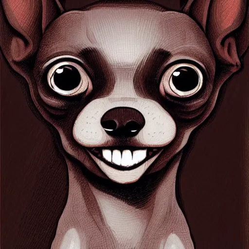 Prompt: a dark brown chihuahua, hyper detailed, in the style of junji ito, selfie angle