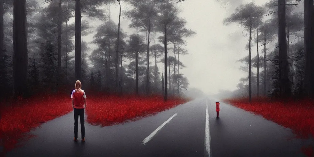 Prompt: white red paper cup, front view!!!, standing on empty road!! forest background!!, detailed, dark concept art, dark skies painting by wlop, nixeu and greg rutkowski, beautiful, semirealism, artstation, octane render, oil painting, sharpness, 8 k, golden ratio