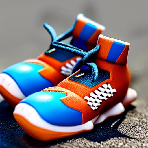 Prompt: realistic scultpure of plastic toy sneaker! design, sneaker design overwatch fantasy style mixed with aztec mayan native street fashion, focus on sneakers only, shoes designed by akira toriyama and studio ghibli