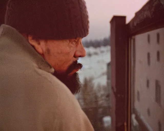 Image similar to lomographic tarkovsky film still of 4 0 years russian man with beard and sweater standing on small hrushevka 9 th floor balcony in taiga looking at sunset, perfect faces, cinestill, bokeh