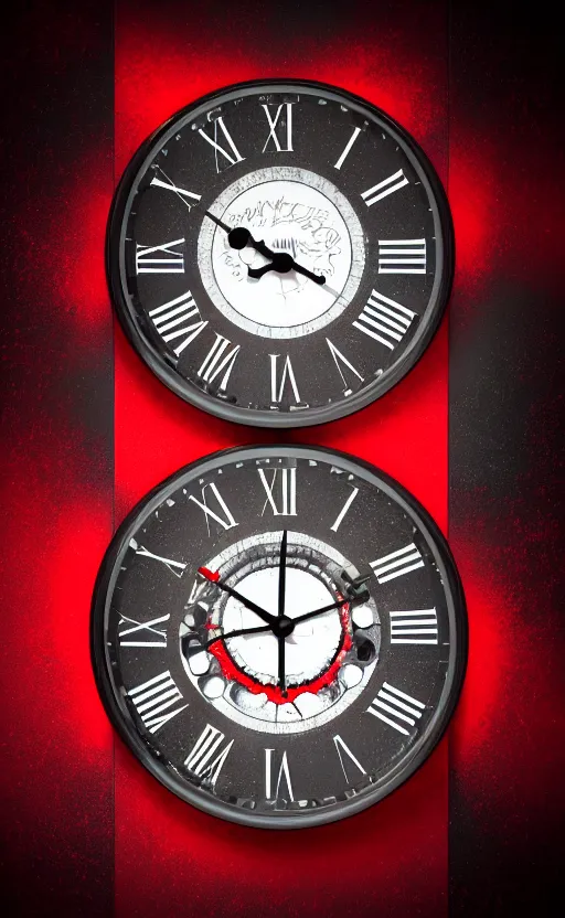 Image similar to a melting Roman numeral clock, behind a red and black gradient background, awith a black heart shaped on the top left corner and a black diamond card shape in the bottom right corner, dynamic lighting, photorealistic fantasy concept art, trending on art station, stunning visuals, cinematic, creative, ultra detailed