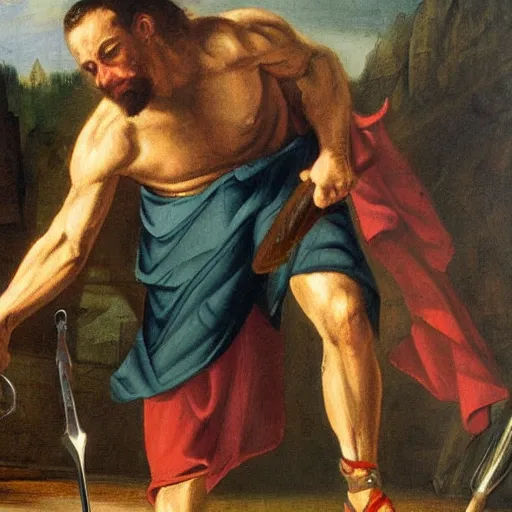 Image similar to high quality high detail painting, of david killing giant goliath