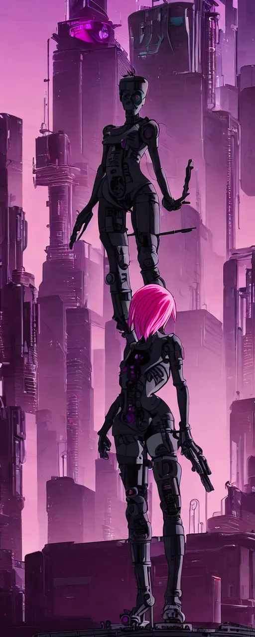 Prompt: a full body silhouette of three cyberpunk female assassin with pink hair weapon on a ready looking determined standing in front of a Large and tall cyberpunk science building with large turrets and with a cyberpunk city in the background, , 2D drawing by Mike Mignola, Robbie Trevino, ellen jewett, Yoji Shinkawa