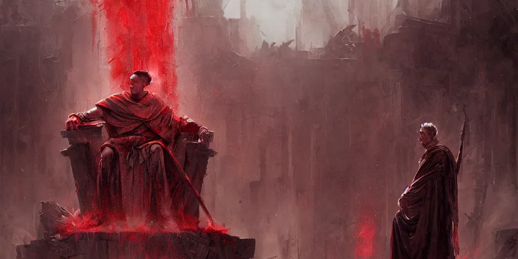 Image similar to the end is near. a tired julius caesar is sitting on his throne. face is highly detailed. splices of red are running down his toga. mist. color scheme red. low angle medium shot. imagined by greg rutkowski and andreas rocha