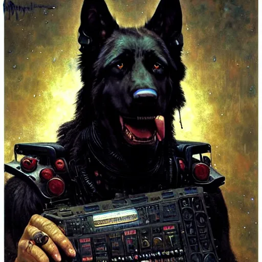 Prompt: a portrait of a black german shepard orc dogman canine neuromancer with human eyes serious looking holding computer console. shadowrun cyberpunk fantasy d & d highly detailed painting by gaston bussiere craig mullins jc leyendecker gustav klimt artgerm greg rutkowski