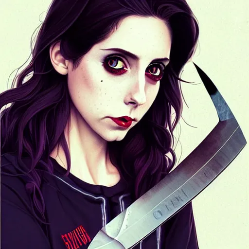 Image similar to loish, artgerm, Joshua Middleton art, pretty female Alison Brie serial killer holding bloody knife in right hand five fingers, blood on clothes and face, sarcastic smile, symmetrical eyes, symmetrical face, full body, jean jacket, jeans, short blonde hair, middle shot, night time, deep blacks