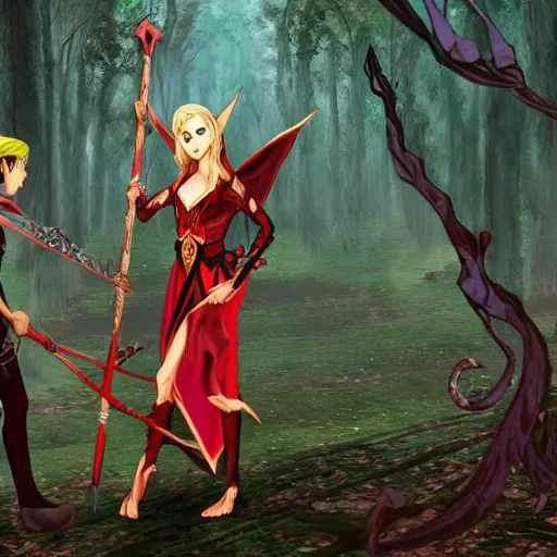 Prompt: a photo of an elven high mage with a staff having a magic standoff with a succubus demon in a magical forest. The demon is mostly red and black colored, and is armored. The elf wears robes.