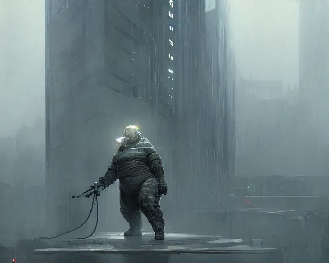 Image similar to portrait of a fat man sci fi soldier ranger, brutalist city architecture, dark epic, cables and wires, high details, ceremonial clouds, dripping paint, fibonacci rhythm, artstation, art germ, wlop, karol bak, christopher balaskas, sabbas apterus, award - winning, artstation