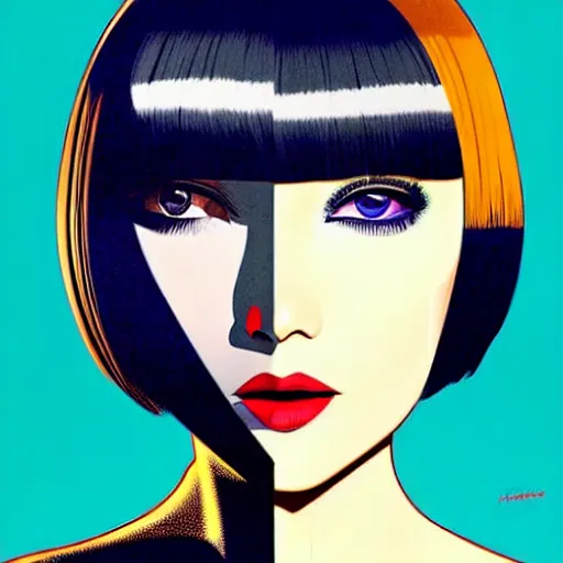 Image similar to woman with bobcut haircut with friendly eyes and slim features looking askance, underground box office hit, satire and seventies italian horror movie, intricate, ultra detailed 8 k, best, cool, extremely beautiful and aesthetic shape of face and neck, art by hiroaki samura and ilya kuvshinov and rossdraws and andy warhol, inverted