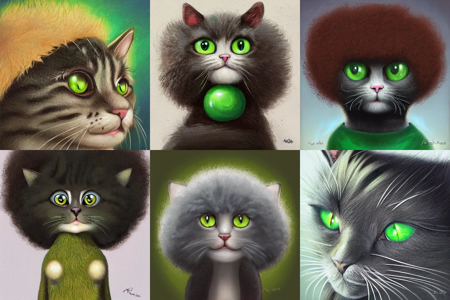 Prompt: a cute cat with large green eyes with a huge afro on its head, by aaron blaise