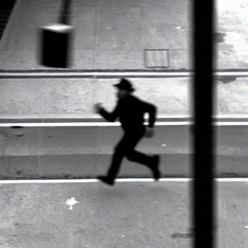 Image similar to mario running from the cops, cctv camera footage, camera footage, blurry camera footage, black and white