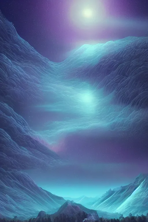 Prompt: digital matte fantasy dreamy mountain scape pastels snow milky way futuristic moonlight, artstation, behance, 8 k by alex grey