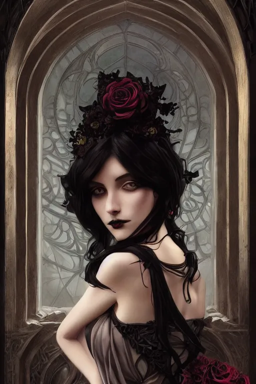 Image similar to beautiful gothic female with black roses surrounding her, Black Hair, intricate, elegant, highly detailed, digital painting, artstation, concept art, smooth, sharp, focus, illustration, art by artgerm and greg rutkowski and alphonse mucha and Ray Caesar and Benjamin Lacombe