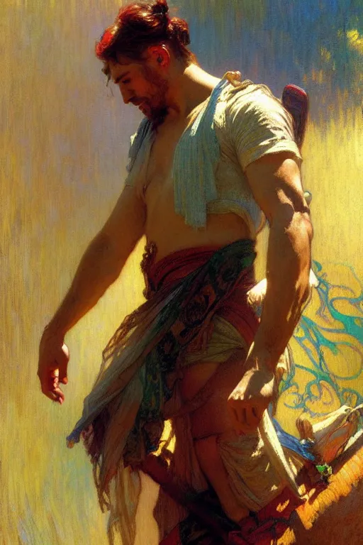 Prompt: attractive man, rainbow, painting by gaston bussiere, craig mullins, greg rutkowski, alphonse mucha