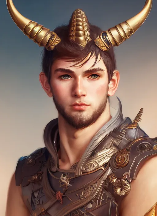 Image similar to portrait of a handsome young warrior with horns, clean - shaven, realistic anime, intricate, highly detailed, unreal engine 5, 8 k, digital fantasy illustration, art by rossdraws and alphonse mucha, sharp focus, octane render, trending on artstation,