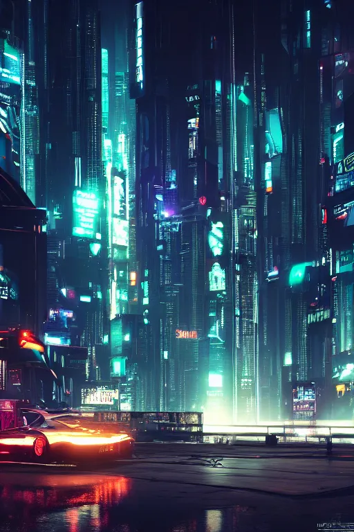 Image similar to a skyline at night, cyberpunk style, digital painting, concept art, smooth, sharp focus, hyperrealistic, illustration, artstation trending, octane render, unreal engine, ambient light, dynamic lighting, magical, dark vibes, Cyberpunk 2077