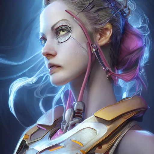 Image similar to studio portrait of lawful good colorful female holy mecha paladin absurdly beautiful, elegant, young sensual graceful woman, ultrafine hyperrealistic detailed face illustration by kim jung gi, irakli nadar, intricate linework, sharp focus, bright colors, matte, octopath traveler, final fantasy, unreal engine highly rendered, global illumination, radiant light, intricate environment