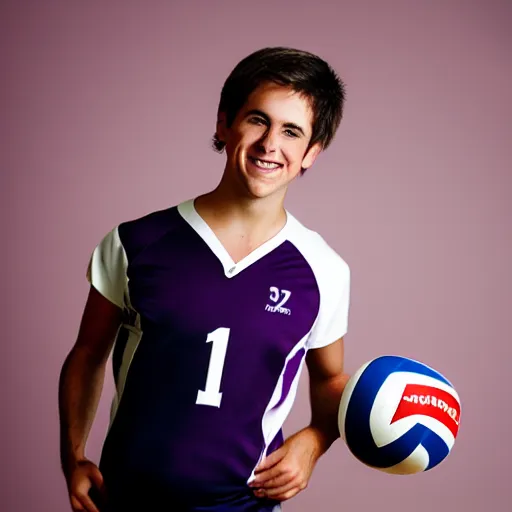 Prompt: photographic portrait by Annie Leibovitz of a young white male smiling with short brown hair that sticks up in the front, dark eyes, groomed eyebrows, tapered hairline, sharp jawline, wearing a purple white volleyball jersey, sigma 85mm f/1.4, 15mm, 35mm, 4k, high resolution, 4k, 8k, hd, full color