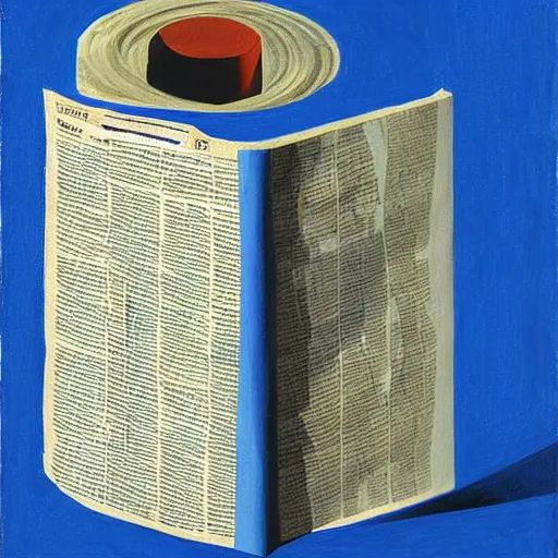 Image similar to painting of a roll of newspaper standing against a blue background, by ivan seal, surreal art, dull