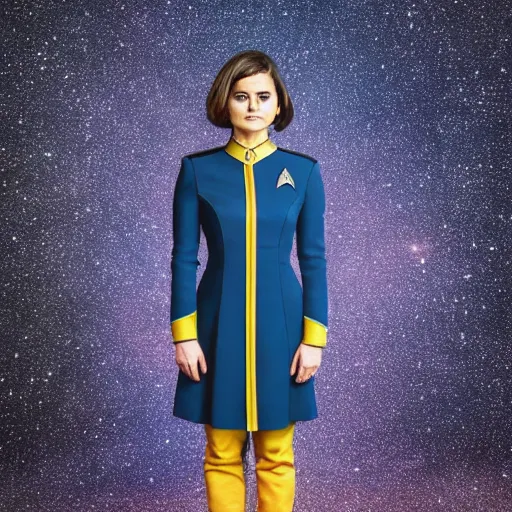 Prompt: a full body photograph of jenna coleman as a star fleet science officer from star trek next generation, full dress uniform, symmetrical face, extreme realism and detail, 8 k, completely framed, direct lighting, 3 5 mm photo, photorealistic, sharp focus