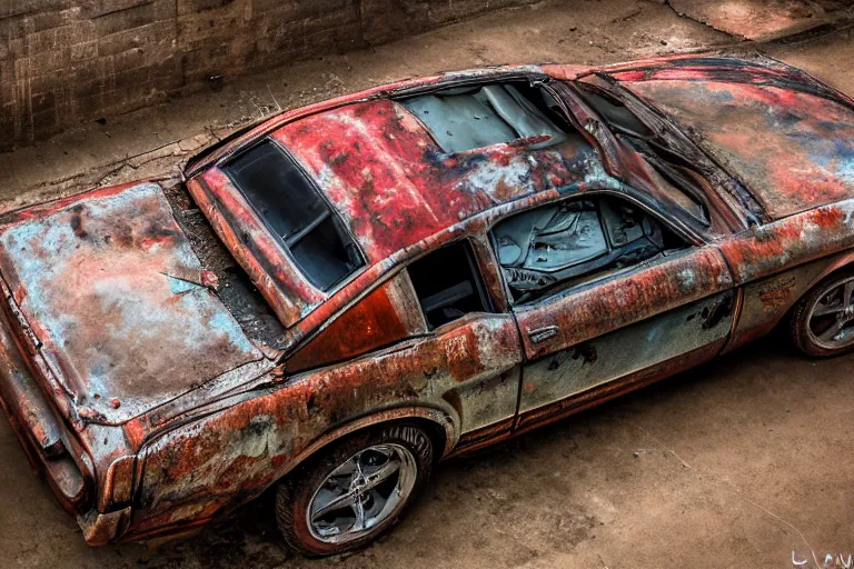 Prompt: A rusty old mustang in an abandoned big factory, sun lighting from above, taken with a Leica camera, ambient lighting, sunset time, highly detailed art