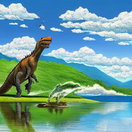 Prompt: patagotitan dinosaur drinking water in a lake, beautiful landscape with many clouds