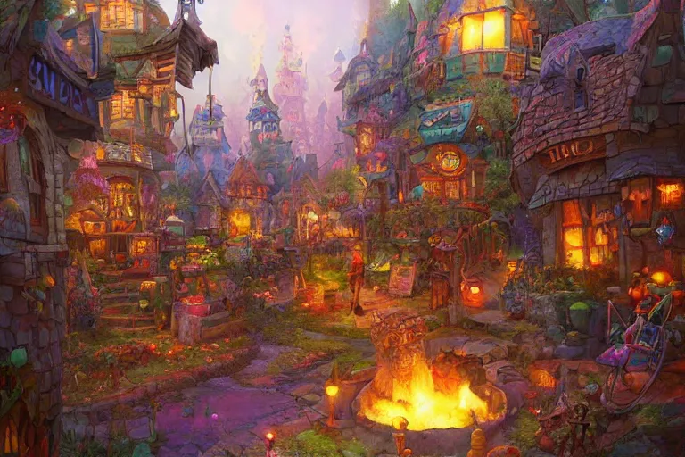 Image similar to dmt cozy fantasy village street view by artgerm and Craig Mullins, James Jean, Andrey Ryabovichev, Mark Simonetti and Peter Morbacher 16k