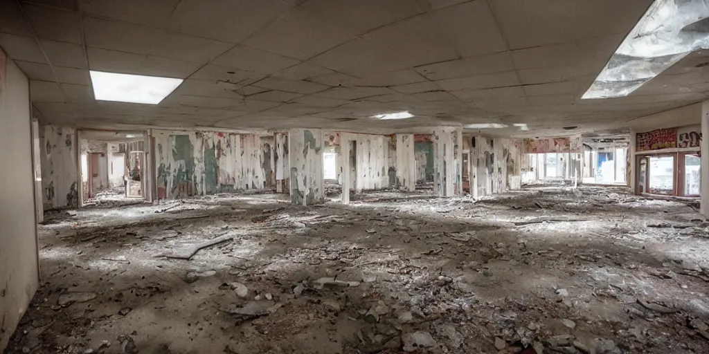 Prompt: interior of an abandoned 1990s MCdonald's,creepy atmosphere