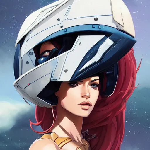 Image similar to a portrait of a stunning beautiful elite megan fox gundam pilot, with an intricate, detailed, urban inspired hiphop afro futuristic helmet, vector behance hd jesper ejsing, rhads, makoto shinkai, lois van baarle, ilya kuvshinov, rossdraws, hd, 3 2 k, ilya kuvshinov, gustav klimt