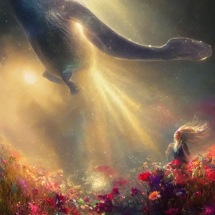 Prompt: enormous glimmering whale tale, flowing dress, flowers, cosmos, milky way galaxy, golden hour, god rays, coral reef, dreamscape by artgerm and ruan jia and ismail inceoglu and greg olsen, masterpiece, beautiful, intricate, elegant, highly detailed