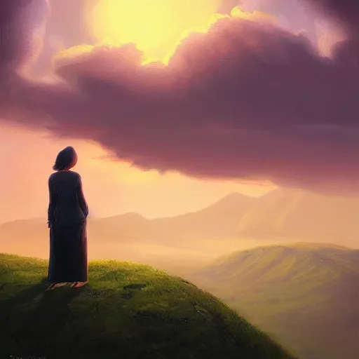 Prompt: “a lonely woman standing at the top of a hill at sunset waiting for someone to return, detailed and realistic 8k HD oil painting, by Tyler edlin”