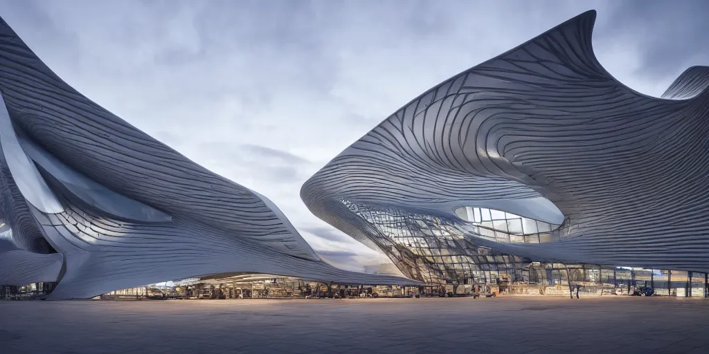 Image similar to extremely detailed stunning sophisticated beautiful elegant futuristic museum exterior by Zaha Hadid, Milan buildings in the background, smooth curvilinear design, stunning volumetric light, stainless steal, concrete, translucent material, beautiful sunset, tail lights