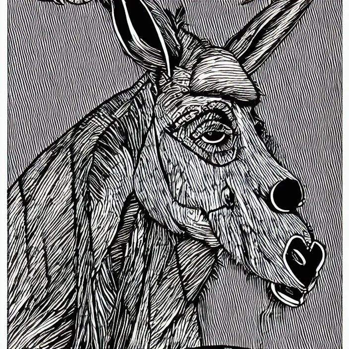 Prompt: horror poster of an evil donkey, dark atmosphere, minimalist, intricate linework, sharp focus, smooth, dramatic lighting, 8 k