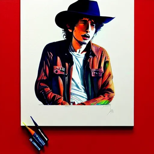 Image similar to an ultradetailed painting of young bob dylan wearing a cowboy hat and smirking by conrad roset, greg rutkowski and makoto shinkai trending on artstation