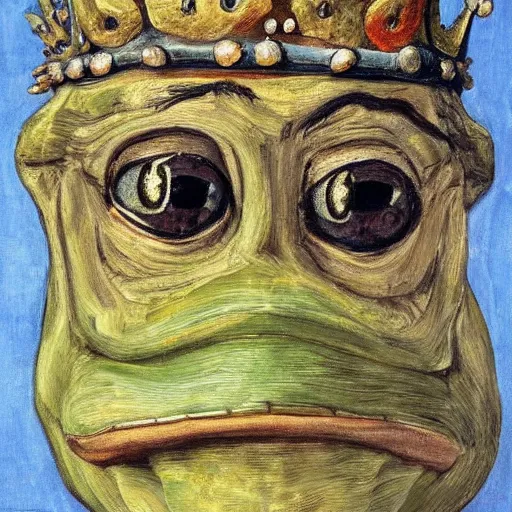 Prompt: pepe the frog as a king of england, painting by Lucien Freud,