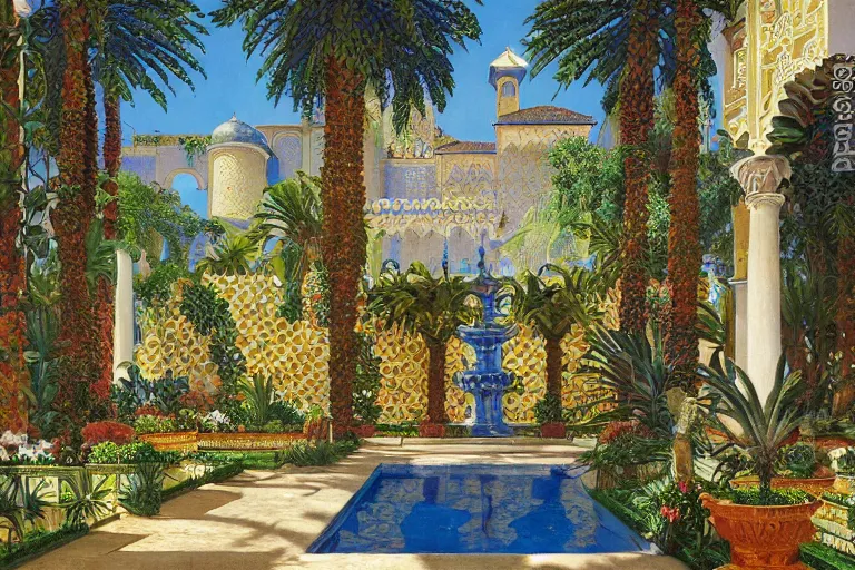 Prompt: painting of a beautiful moorish palace courtyard garden, by arkady rylov and maxfield parrish, patterned tilework, palm trees, tiled fountains, extremely detailed, cinematic lighting, smooth sharp focus